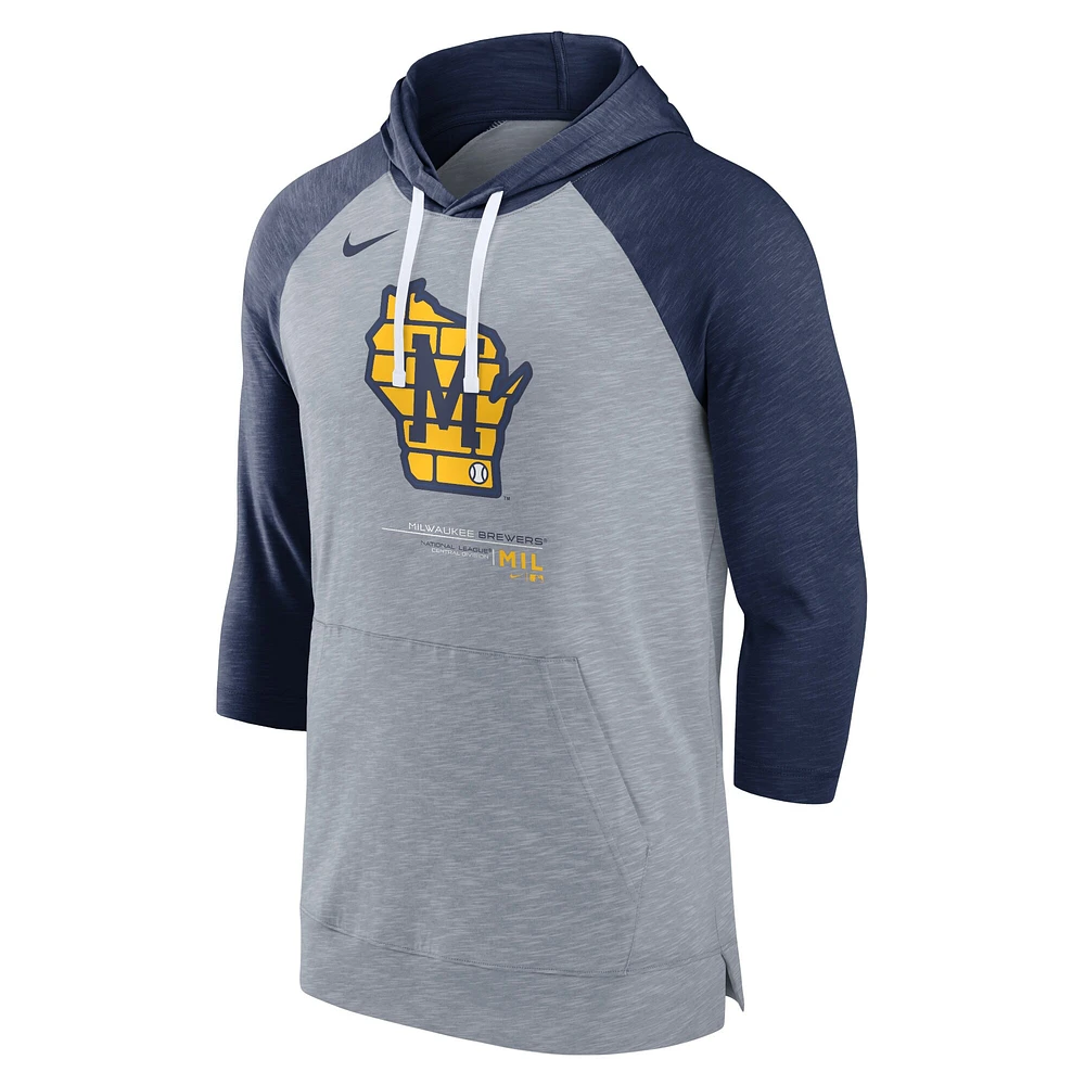 Men's Nike Heather Gray/Heather Navy Milwaukee Brewers Baseball Raglan 3/4-Sleeve Pullover Hoodie