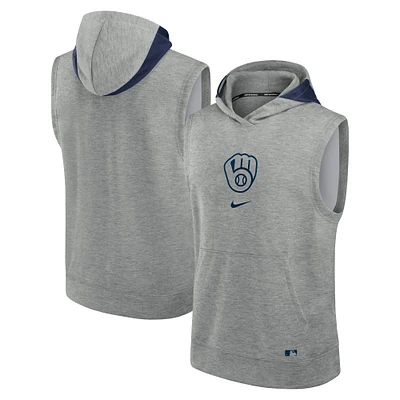 Men's Nike Heather Gray Milwaukee Brewers Authentic Collection Early Work Performance Sleeveless Pullover Hoodie