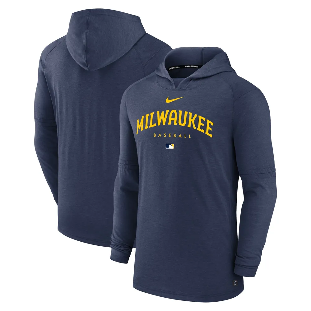 Sweat à capuche enfiler triple mélange performance Nike Heather Navy pour homme Milwaukee Brewers Authentic Collection Early Work