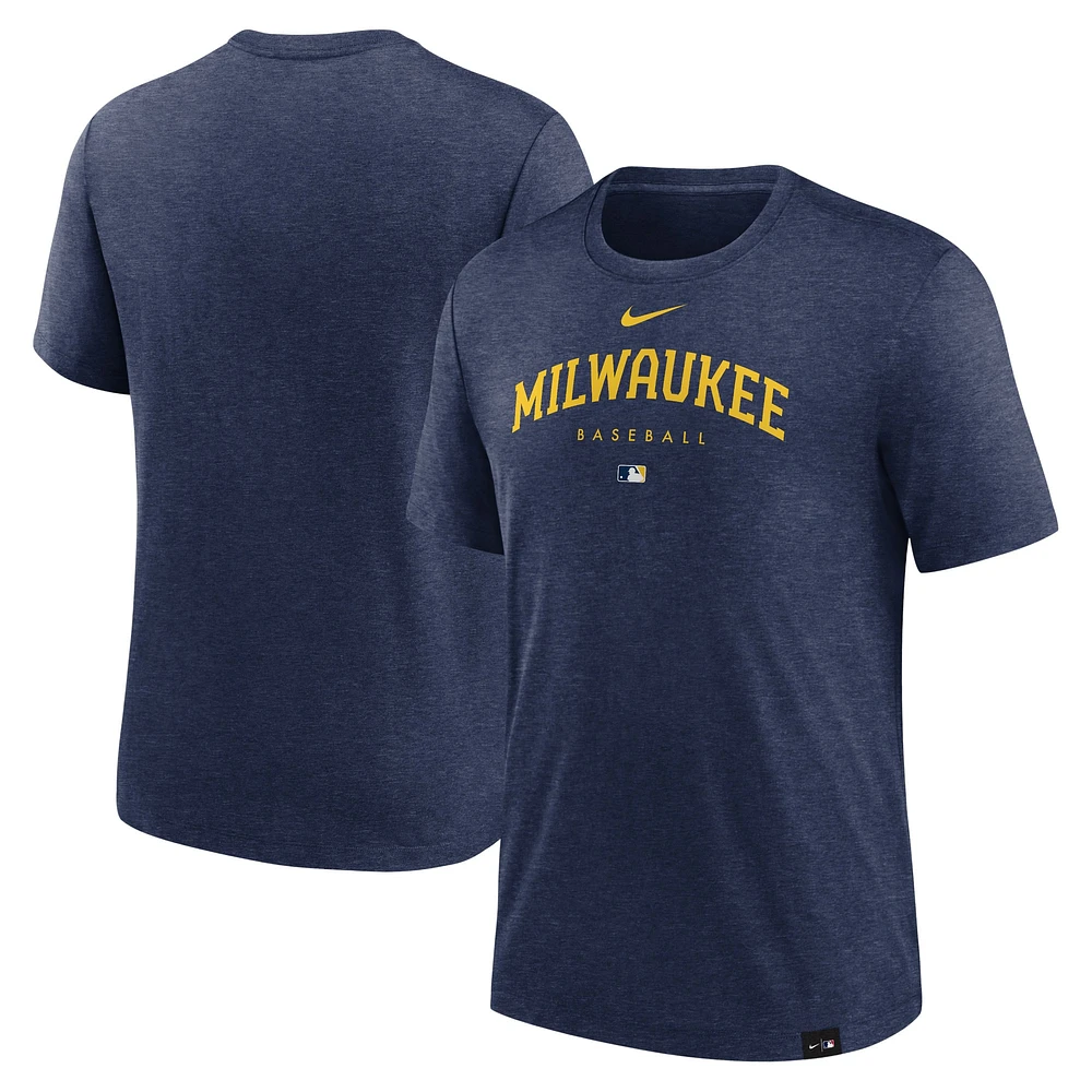 T-shirt Performance à trois mélanges pour homme Nike Heather Navy Milwaukee Brewers Authentic Collection Early Work