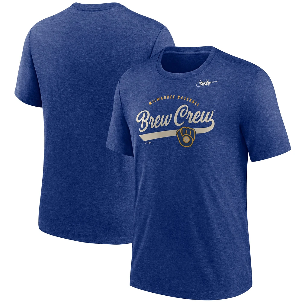 Men's Nike Heather Royal Milwaukee Brewers Cooperstown Nickname Tri-Blend T-Shirt