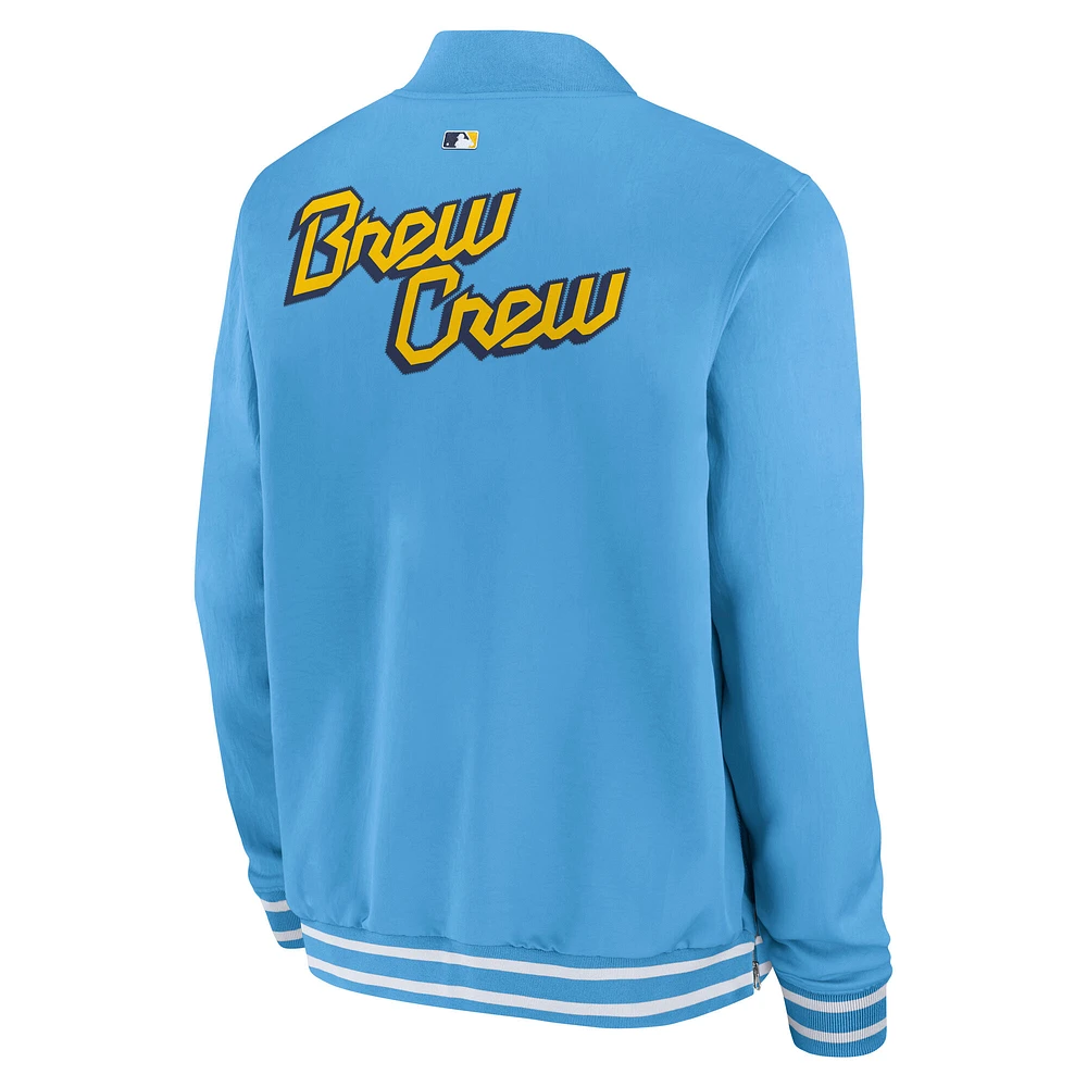 Veste aviateur Nike bleu clair à fermeture éclair intégrale City Connect des Milwaukee Brewers pour homme