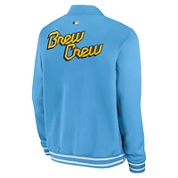 Veste aviateur Nike bleu clair à fermeture éclair intégrale City Connect des Milwaukee Brewers pour homme