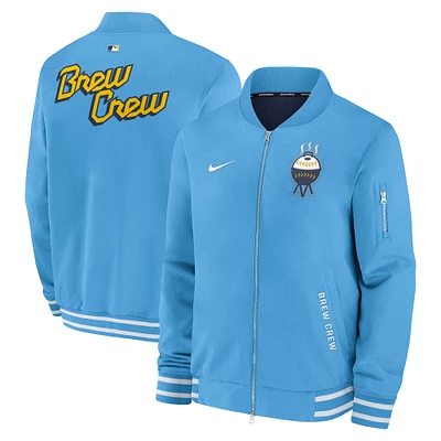 Veste aviateur Nike bleu clair à fermeture éclair intégrale City Connect des Milwaukee Brewers pour homme