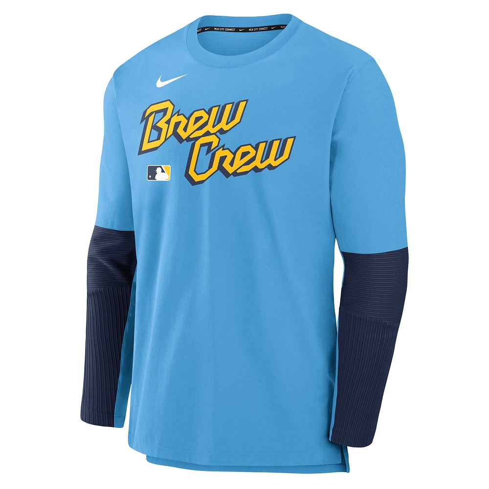 T-shirt Nike bleu clair à manches longues City Connect pour homme, collection Authentic des Milwaukee Brewers, léger et performant, en mélange tri-couche.