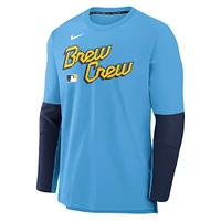 T-shirt Nike bleu clair à manches longues City Connect pour homme, collection Authentic des Milwaukee Brewers, léger et performant, en mélange tri-couche.