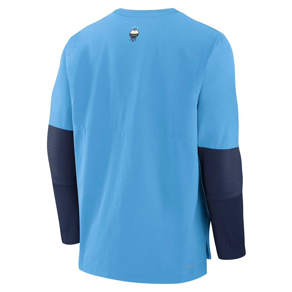 T-shirt Nike bleu clair à manches longues City Connect pour homme, collection Authentic des Milwaukee Brewers, léger et performant, en mélange tri-couche.