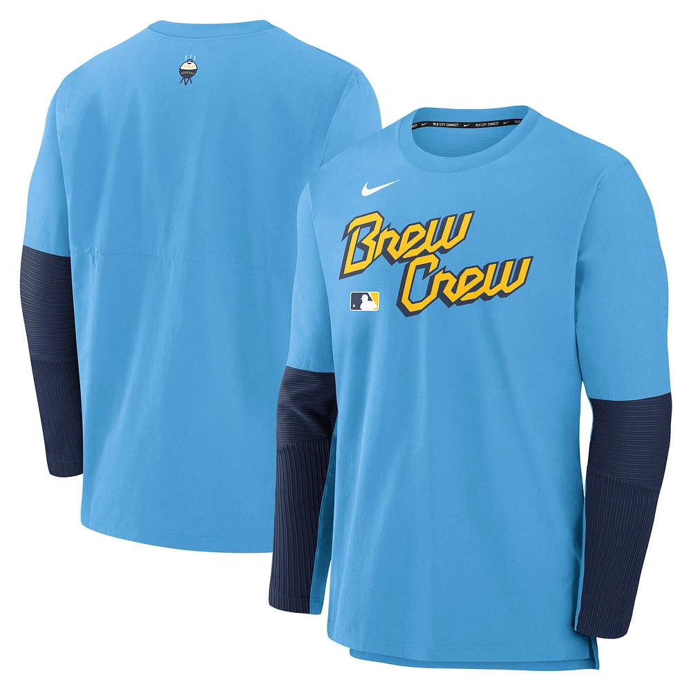 T-shirt Nike bleu clair à manches longues City Connect pour homme, collection Authentic des Milwaukee Brewers, léger et performant, en mélange tri-couche.