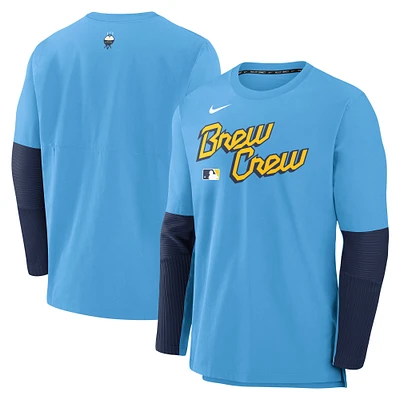 T-shirt Nike bleu clair à manches longues City Connect pour homme, collection Authentic des Milwaukee Brewers, léger et performant, en mélange tri-couche.