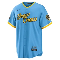 Maillot de joueur réplique Nike Lorenzo Cain pour hommes, bleu poudre, Milwaukee Brewers City Connect