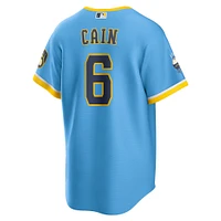 Maillot de joueur réplique Nike Lorenzo Cain pour hommes, bleu poudre, Milwaukee Brewers City Connect