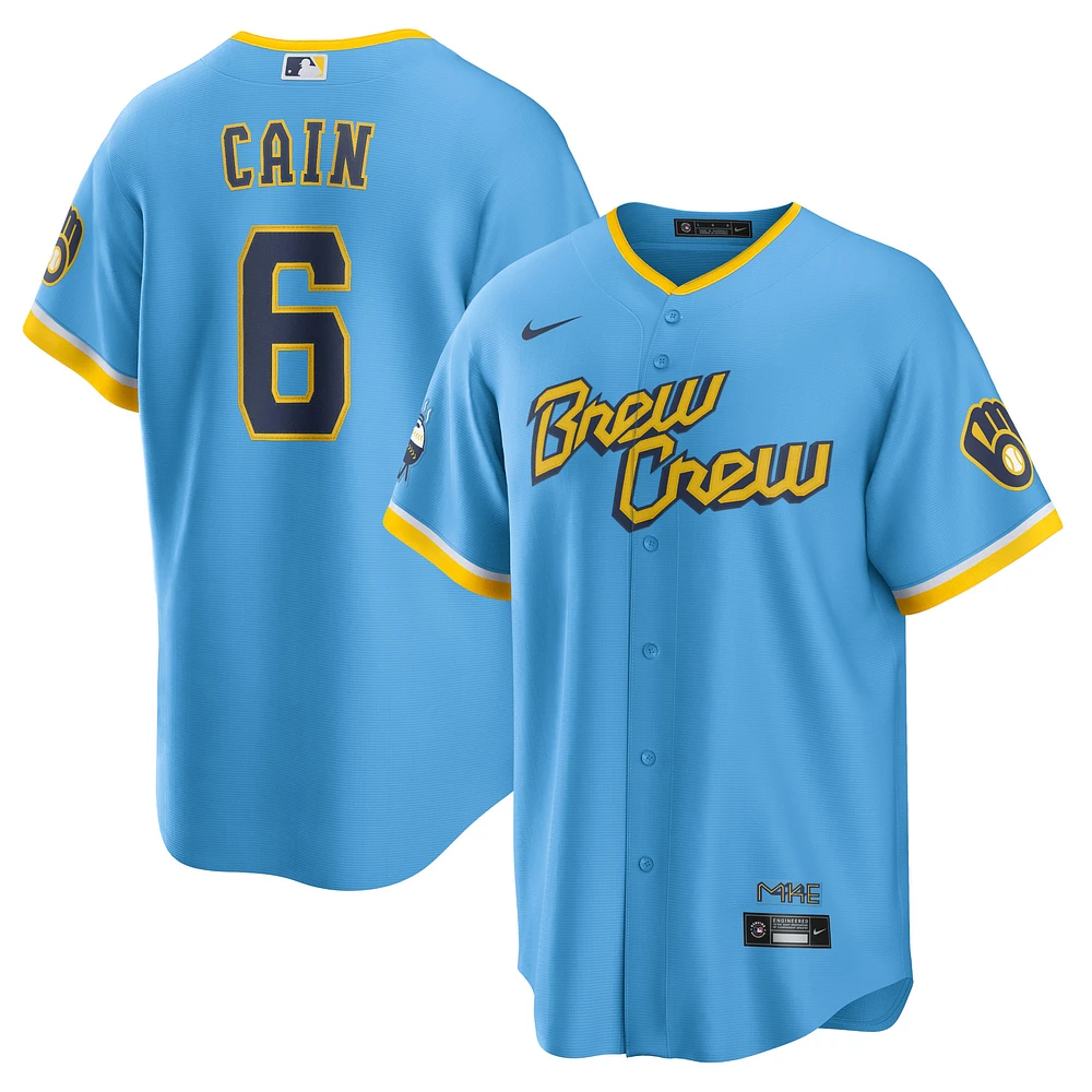 Maillot de joueur réplique Nike Lorenzo Cain pour hommes, bleu poudre, Milwaukee Brewers City Connect