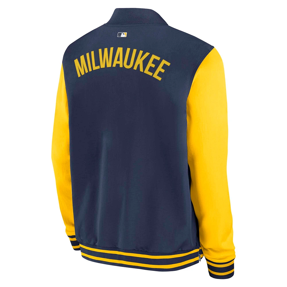 Men's Nike Navy/Gold Milwaukee Brewers Authentic Collection Dugout Full-Zip Bomber Jacket