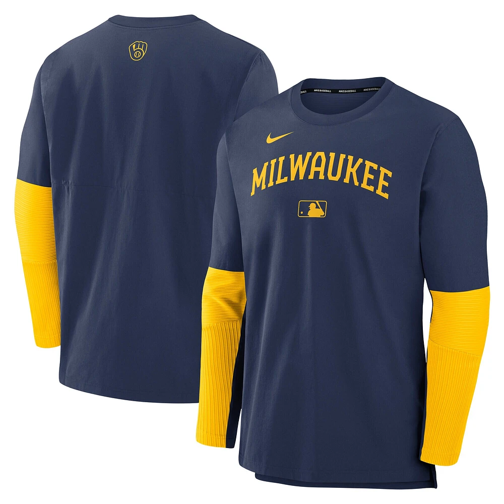 Haut à manches longues léger et performant Nike bleu marine/or Milwaukee Brewers Authentic Collection Player pour homme