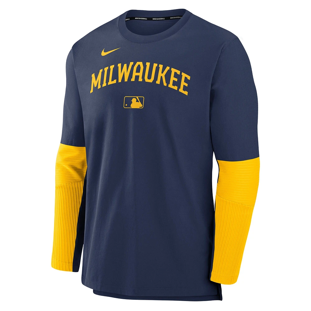 Haut à manches longues léger et performant Nike bleu marine/or Milwaukee Brewers Authentic Collection Player pour homme