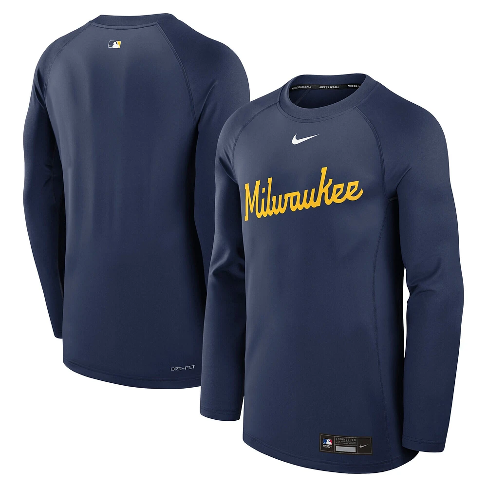 Sweat-shirt à capuche Nike bleu marine Milwaukee Brewers Authentic Collection Game Time Raglan Performance pour homme