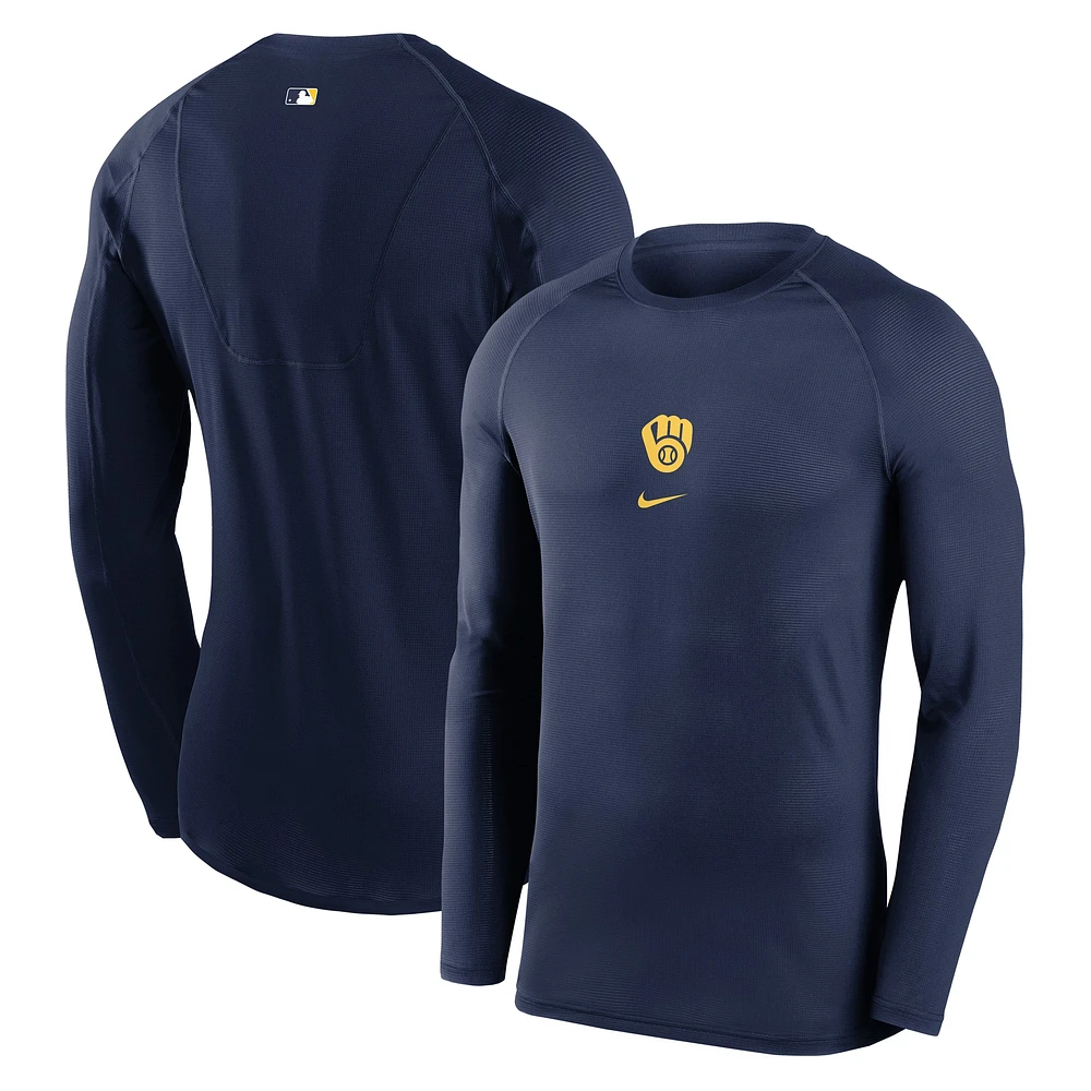 T-shirt à manches longues raglan Nike bleu marine pour homme Milwaukee Brewers Authentic Collection