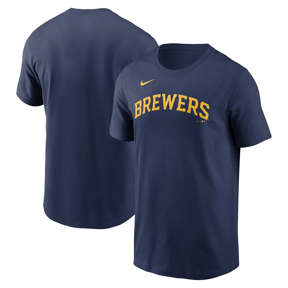 T-shirt Nike bleu marine pour hommes des Milwaukee Brewers Fuse Wordmark