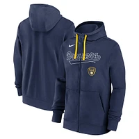 Sweat à capuche entièrement zippé Nike bleu marine Milwaukee Brewers Knockout Script pour homme