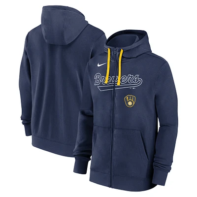 Sweat à capuche entièrement zippé Nike bleu marine Milwaukee Brewers Knockout Script pour homme
