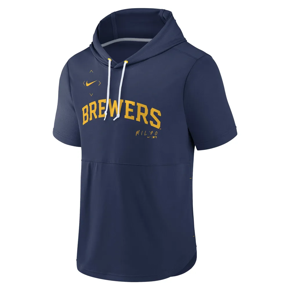 Chandail à capuchon enfiler manches courtes Nike Milwaukee Brewers Springer pour homme, bleu marine