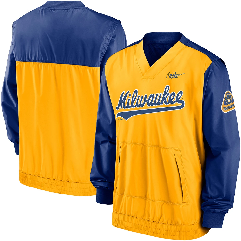 Coupe-vent à col en V Nike Royal/Gold Milwaukee Brewers Cooperstown Collection pour hommes