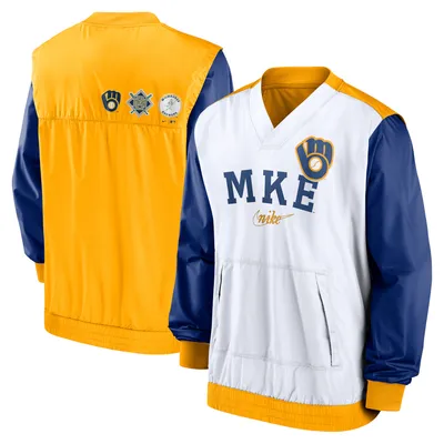 Veste à col en V Nike Milwaukee Brewers Rewind Warmup pour Homme - Blanc/Or