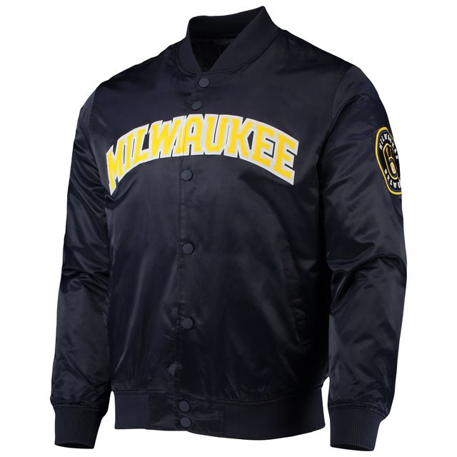 Veste à boutons-pression en satin Pro Standard Milwaukee Brewers Wordmark pour homme, bleu marine