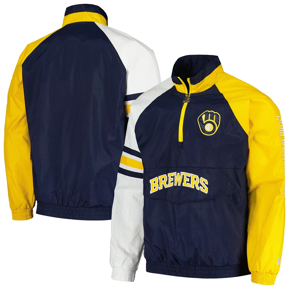 Veste à demi-zip Starter Navy/Gold Milwaukee Brewers Elite Raglan pour hommes