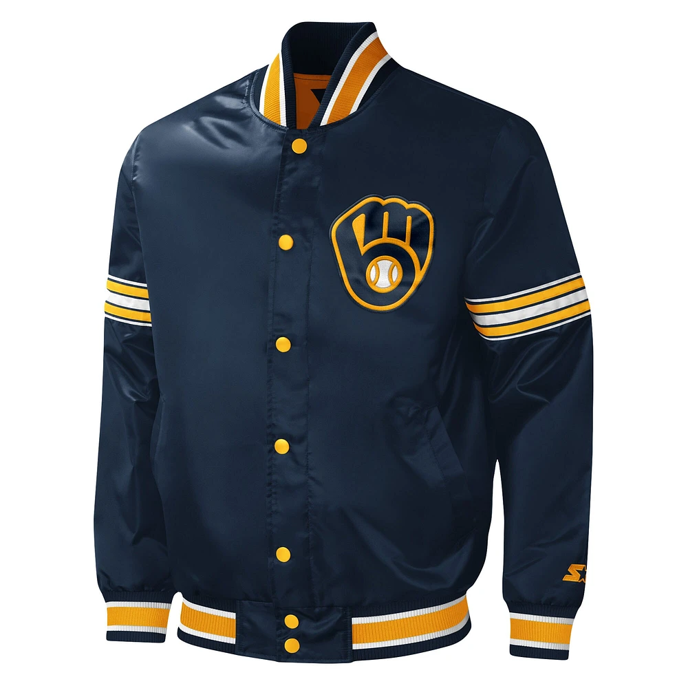 Men's Starter Navy Milwaukee Brewers Midfield Satin Full-Snap Varsity Jacket