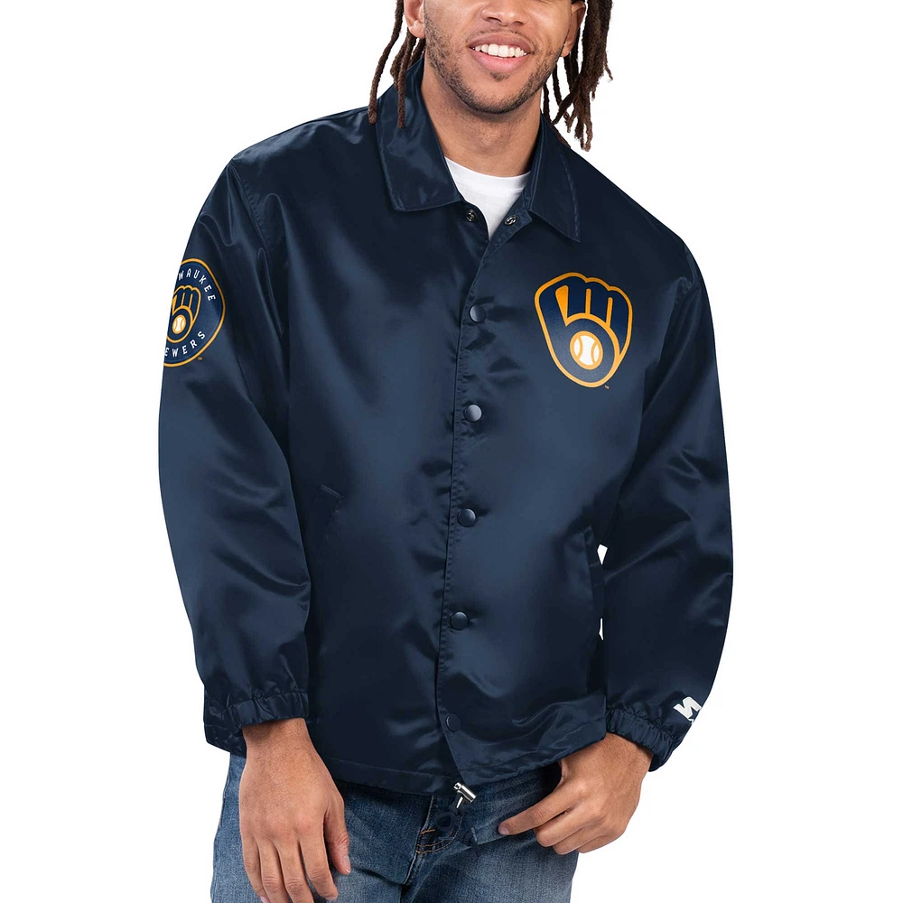 Veste à bouton-pression en satin Starter Navy Milwaukee Brewers Option Route pour hommes