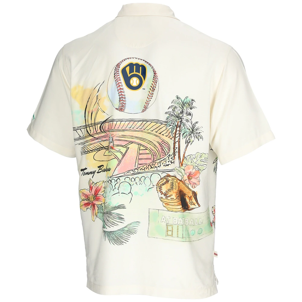 Men's Tommy Bahama Cream Milwaukee Brewers Paradise Fly Ball Camp Button-Up Shirt