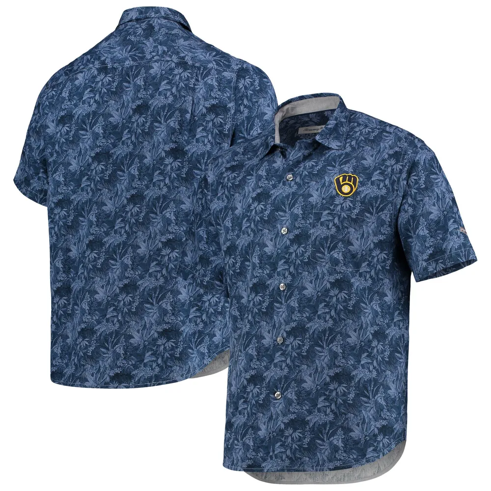 Lids Milwaukee Brewers Tommy Bahama Jungle Shade Silk Camp Button-Up Shirt  - Navy
