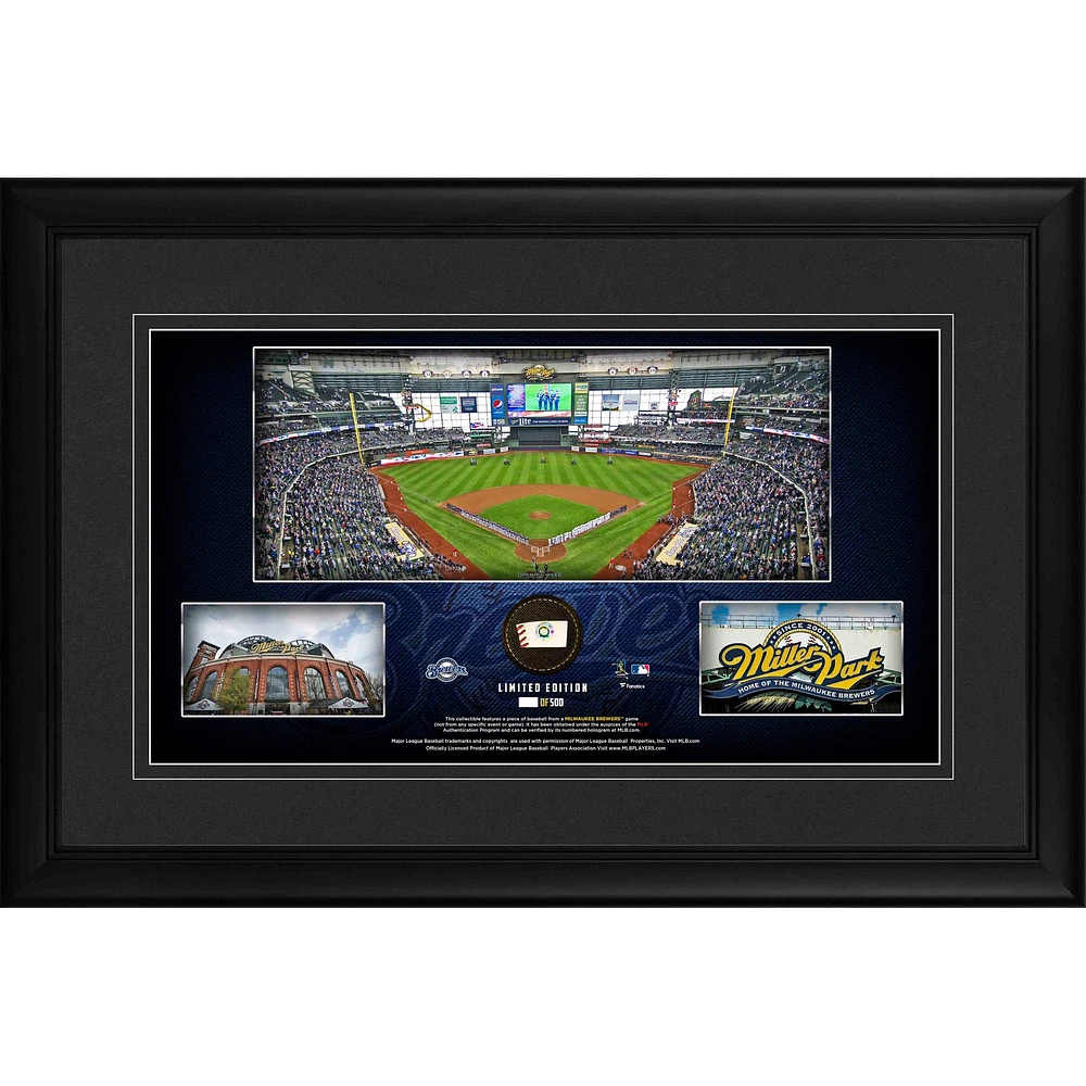 Milwaukee Brewers Framed 10" x 18" Stadium Panoramic Collage with a Piece of Game-Used Baseball - Limited Edition of 500