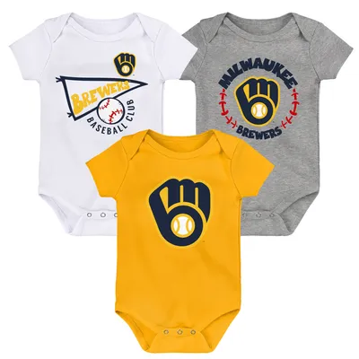 Milwaukee Brewers Newborn & Infant Biggest Little Fan 3-Pack Bodysuit Set - Gold/White/Heather Gray