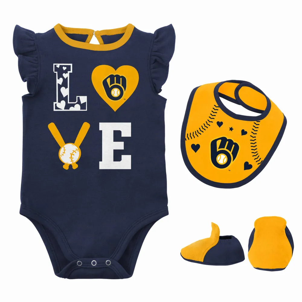 Ensemble trois pièces pour nouveau-né et bébé Marine/Or Milwaukee Brewers Love of Baseball Bib Body & Booties