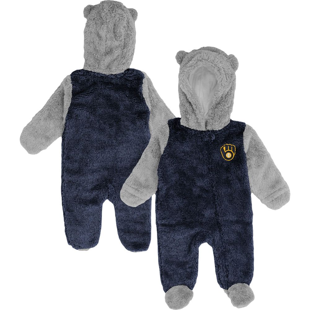 Newborn and Infant Navy/Gray Milwaukee Brewers Game Nap Teddy Fleece Bunting Full-Zip Sleeper