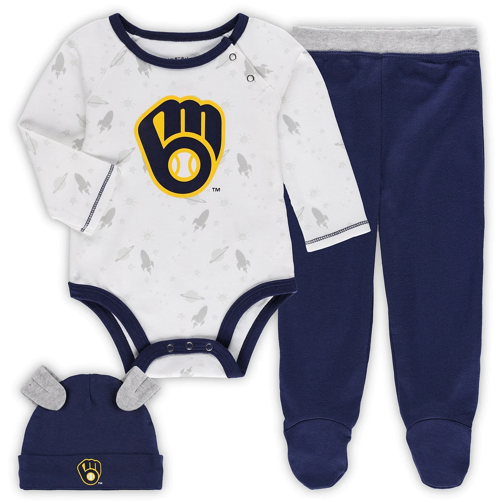 Ensemble body, chapeau et pantalon à pieds Milwaukee Brewers Dream Team pour nouveau-né nourrisson, bleu marine/blanc