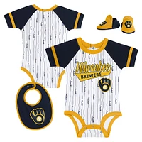 Newborn & Infant White Milwaukee Brewers Base Hitter Bodysuit, Bib Bootie Set