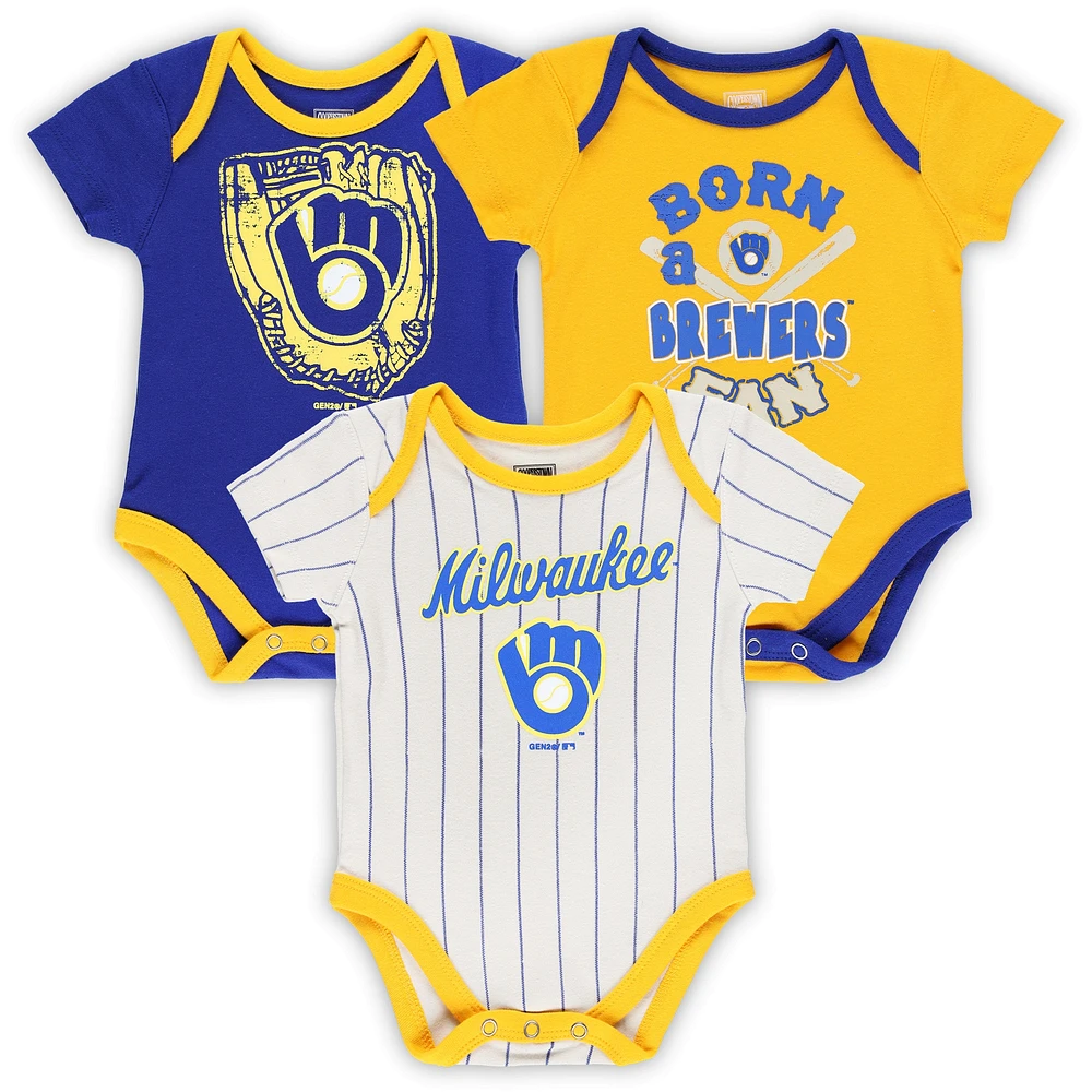 Newborn Royal/Gold/Cream Milwaukee Brewers Three-Pack Number One Bodysuit