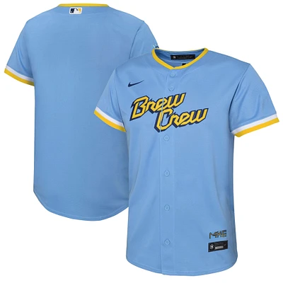 Maillot d'équipe réplique Nike Milwaukee Brewers City Connect bleu poudre pour enfants d'âge préscolaire