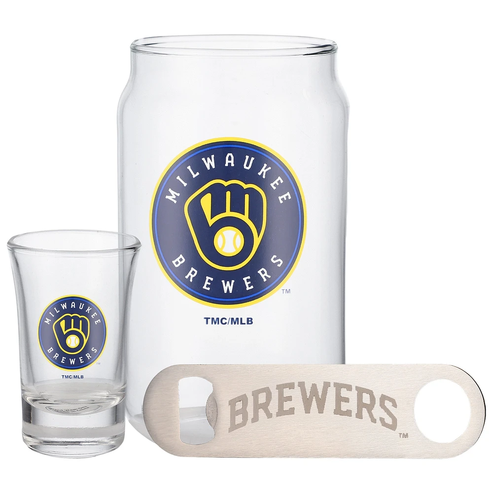 The Memory Company Milwaukee Brewers Three-Pack Beer Glass, 2oz. Shot Glass & Bottle Opener Set