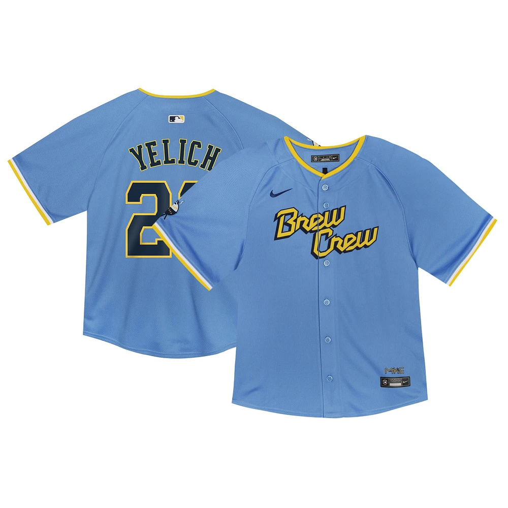 Maillot de joueur Nike Christian Yelich Powder Blue Milwaukee Brewers City Connect Limited pour tout-petit