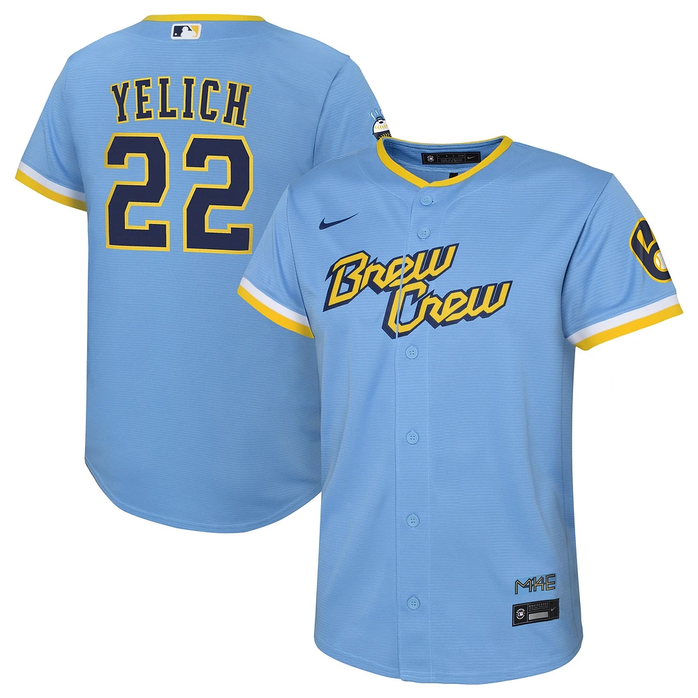 Maillot de joueur réplique Nike Christian Yelich des Milwaukee Brewers City Connect pour tout-petit, bleu poudre