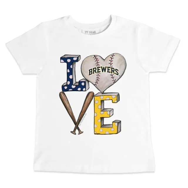 Women's Tiny Turnip White/Navy Milwaukee Brewers Peace Love Baseball 3/4-Sleeve Raglan T-Shirt Size: Extra Large