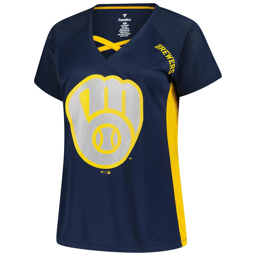 Women's Profile  Navy Milwaukee Brewers Glitter Raglan V-Neck T-Shirt