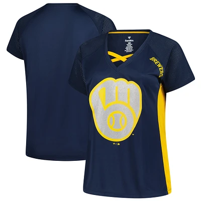 Women's Profile  Navy Milwaukee Brewers Glitter Raglan V-Neck T-Shirt