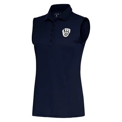 Women's Antigua  Navy Milwaukee Brewers Brushed Metallic Sleeveless Tribute Polo