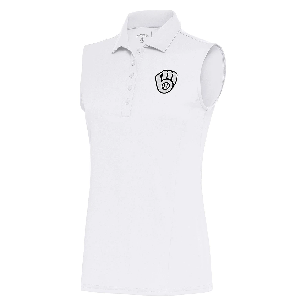 Women's Antigua White Milwaukee Brewers Brushed Metallic Sleeveless Tribute Polo