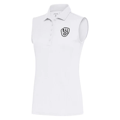Women's Antigua  White Milwaukee Brewers Brushed Metallic Sleeveless Tribute Polo